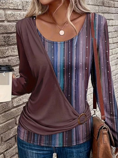 Women's Long-Sleeve Top – Relaxed Fit – Round Neck – Striped Panel Design