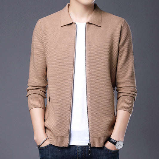 Men's Cardigan – Wool – Slim Fit – Zipper – Classic Collar – Ribbed Hem