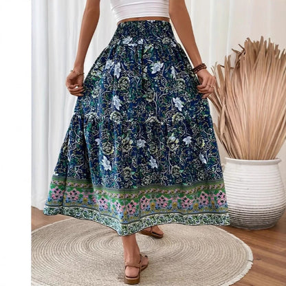 Women's Long Skirt – Bohemian Floral Print – Elastic Waist – Airy Cotton Blend