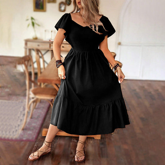 Dress for Women – V-Neckline – A-Line Fit – Ruffle Hem – Puff Sleeves