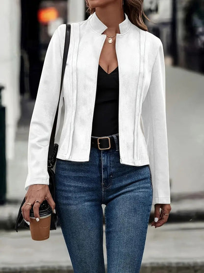 Women's Short Jacket – Slim Fit – Wool Blend – Stand Collar – Open Front