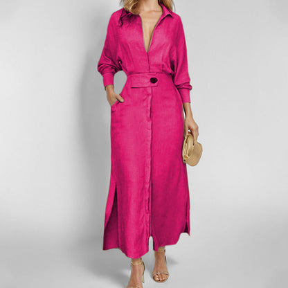 Dress for Women – Shirt Model – Linen – V-Neck – Waist Belt – Long Sleeves – Midi Length