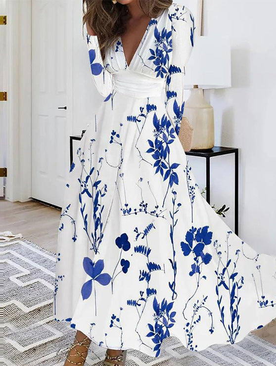 Dress for Women – Maxi Dress – Floral Print – V-Neck – Long Sleeves – Bohemian Style