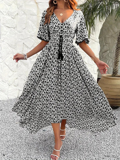 Kjole dame midi – Justerbar midje – V-hals – Blomsterprint – Kort erme – Splitt