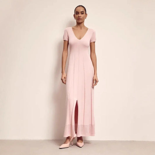 Dress woman maxi – Slim fit – V-neck – Short sleeves – Pleating and slit