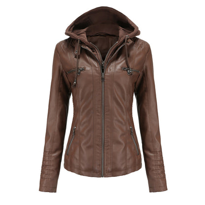 Women's Jacket with Hood – Slim Fit – Faux Leather – Detachable Hood – Zipper Pockets
