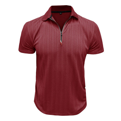 Men's Pique T-Shirt – Ribbed Knit – Zipper Neck – High Collar – Regular Fit