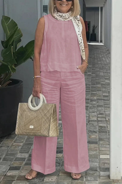 Women's Set Without Sleeves – Linen Cotton – Relaxed Fit – Wide Trousers with Pockets