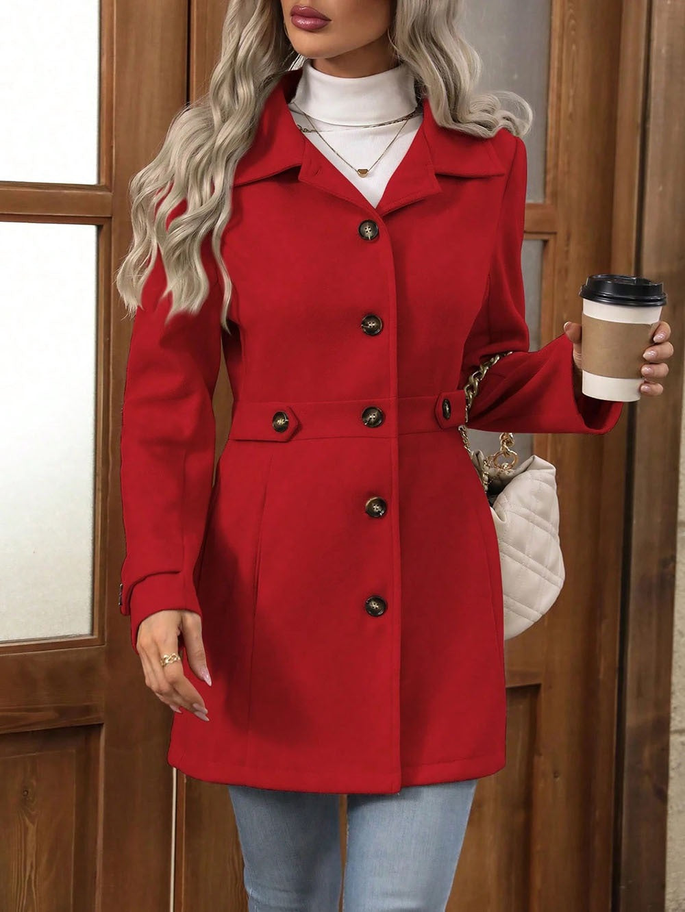 Women's Wool Coat – Slim Fit – Belted Waist – Notch Collar – Button Front