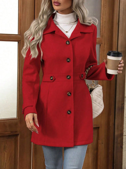 Women's Wool Coat – Slim Fit – Belted Waist – Notch Collar – Button Front