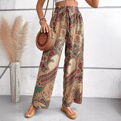Women's Pants – Wide Legs – Elastic Waist – Breathable Fabric – Bohemian Pattern