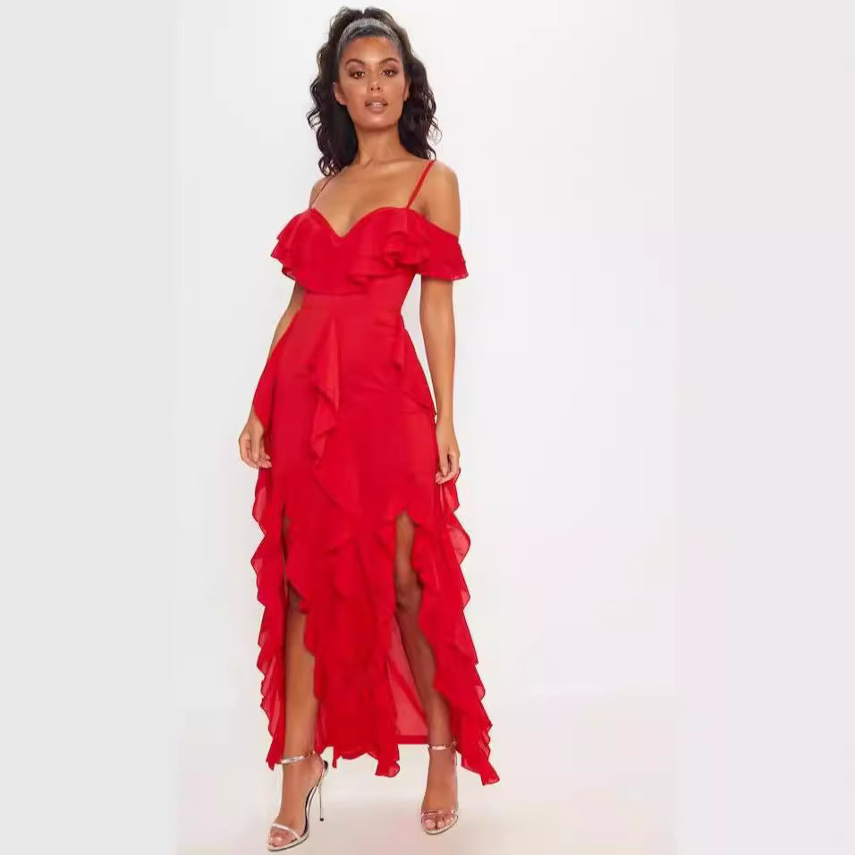 Dress for Women – Long Chiffon Dress – Slim Fit – Off-shoulder with Ruffles