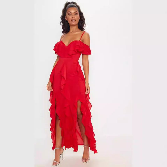 Dress for Women – Long Chiffon Dress – Slim Fit – Off-shoulder with Ruffles