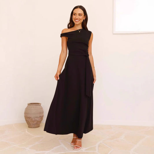 Dress for Women – Maxi Dress – One Shoulder – Asymmetric Neckline – Waist Belt