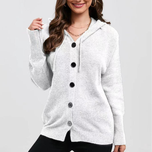 Women's Cardigan with Hood – Knitted Fabric – Relaxed Fit – Button Closure