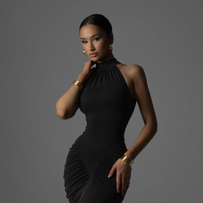 Dress for Women – Tight Fit – High Neck – Sleeveless – Ruched Midi Length