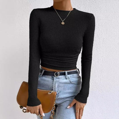 Women's Long Sleeve T-Shirt – Slim Fit – Soft Textured Knit – Ruched Waist – Short Model