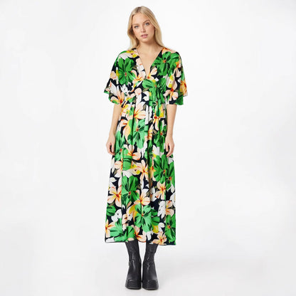 Women's Dress – High Waist – V-neck – Loose Fit – Floral Print – Split Skirt