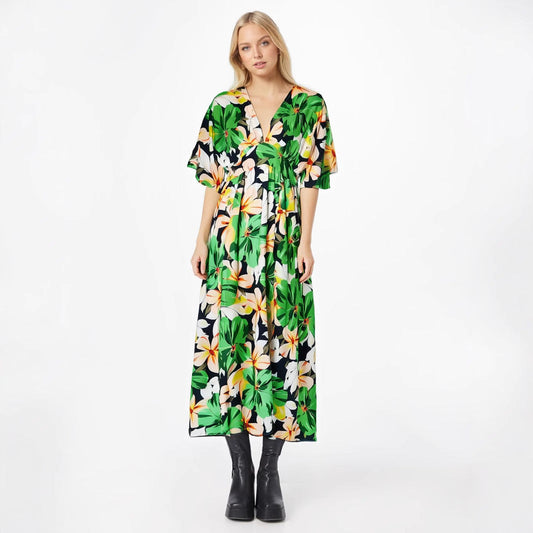 Dress for Women – V-neck – High Waist – Loose Fit – Print – Split in Skirt