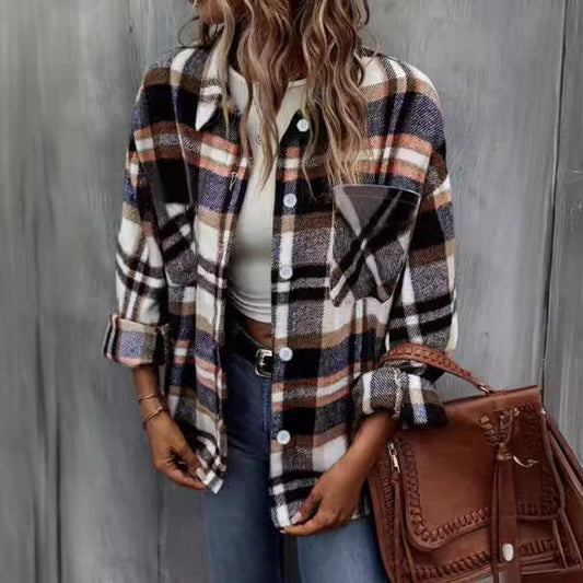 Women's Coat Jacket – Wool Material – Relaxed Fit – Checkered Pattern – Single Buttoning