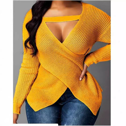 Women's Sweater – Figure-Hugging Fit – Wool Knit – Asymmetric V-Neck with Cross Detail