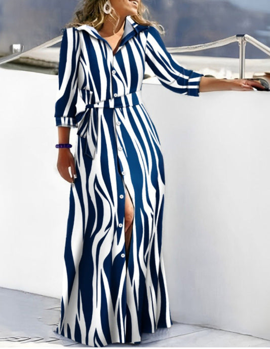 Women's Shirt Dress – Straight Fit – Belt at the Waist – Long Sleeves – Abstract Pattern