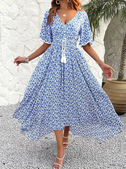 Kjole dame midi – Justerbar midje – V-hals – Blomsterprint – Kort erme – Splitt