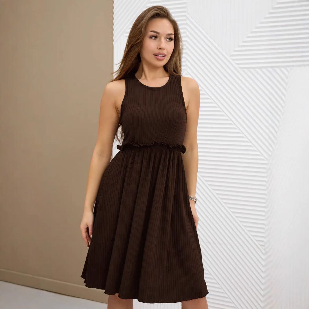 Women's Midi Dress – Sleeveless A-line – Light Fabric – Textured Structure – Scoop Neck