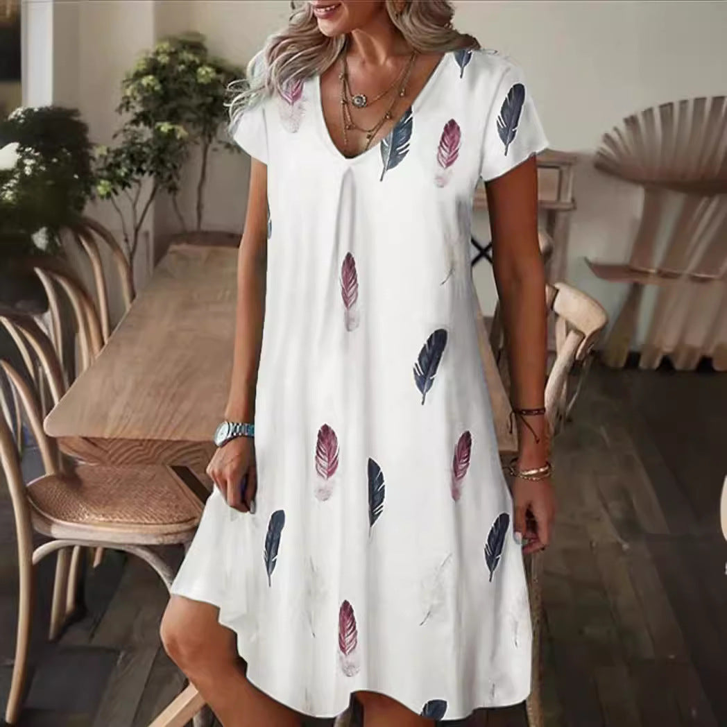 Dress Woman – Floral Print – Light and Breathable – Loose Fit – V-Neck – Knee Length