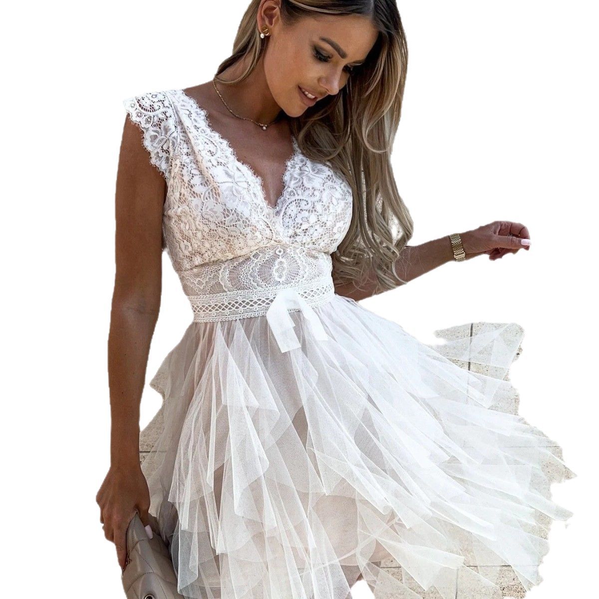 Dress for Women – Party Dress with Lace Top – V-Neck – Sleeveless – Tulle Skirt – Knee-Length
