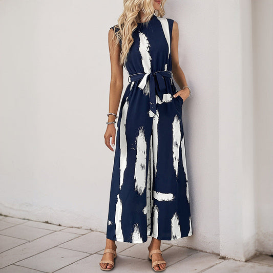 Women's Jumpsuit – Sleeveless – Wide Legs – Waist Tie – Lightweight Printed Fabric