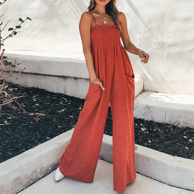Women's jumpsuit – relaxed fit – ruched bodice – pockets – full length – breathable fabric