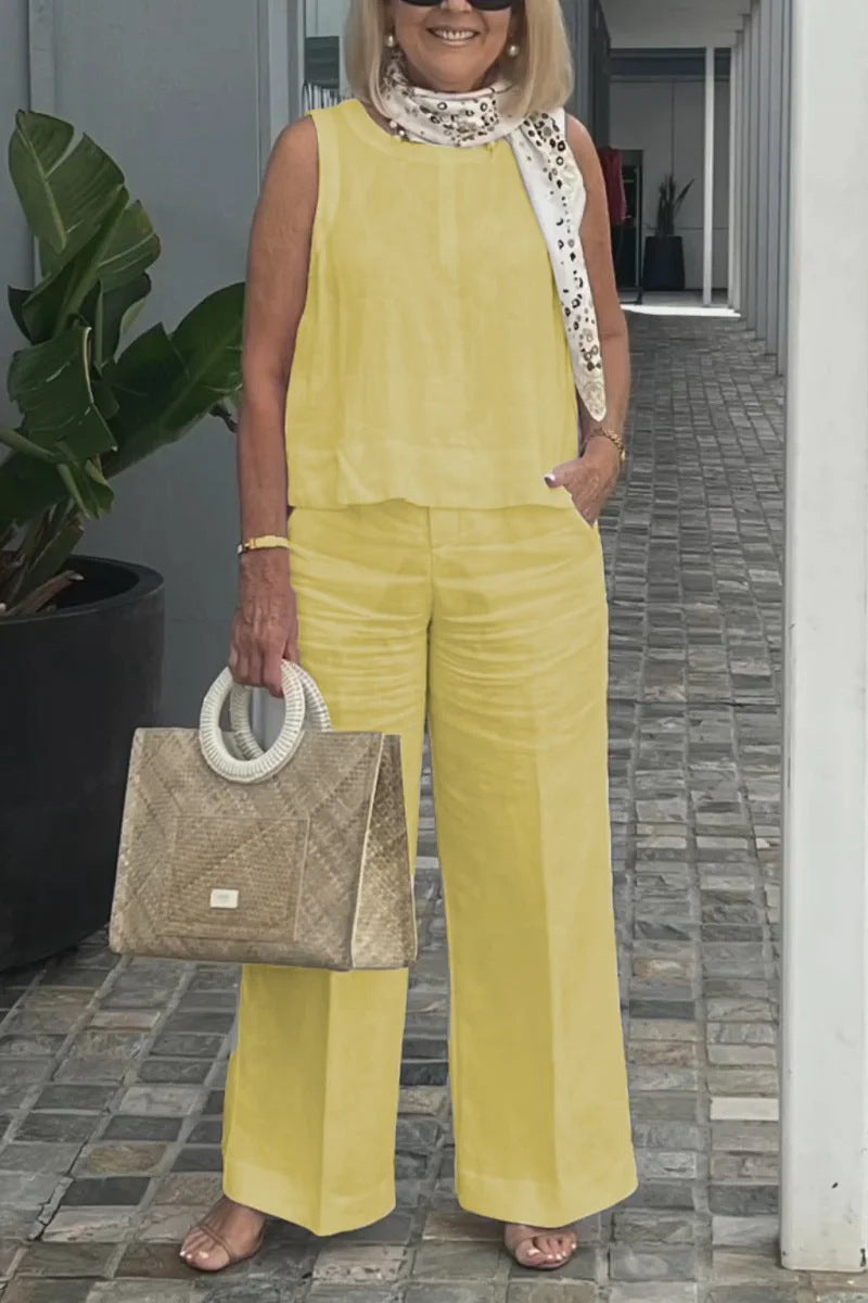 Women's Set Without Sleeves – Linen Cotton – Relaxed Fit – Wide Trousers with Pockets