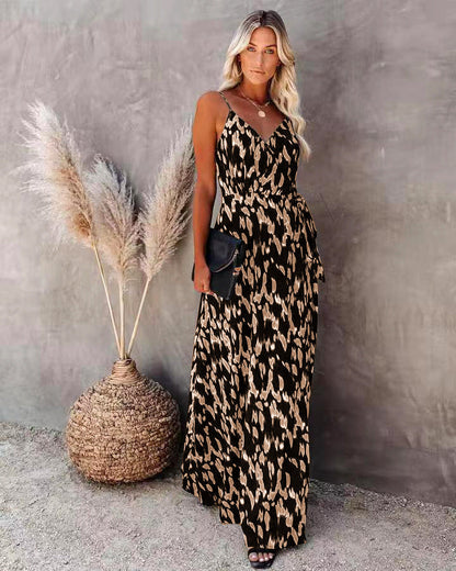 Dress for Women – Slim Fit – A-line – Spaghetti Straps – V-neck – Patterned