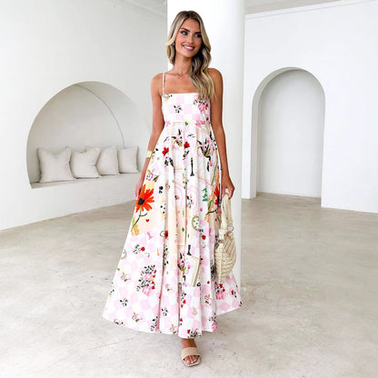 Kjole for dame – A-linje maxi – Spagettistropper – Blomsterprint – Åpen rygg
