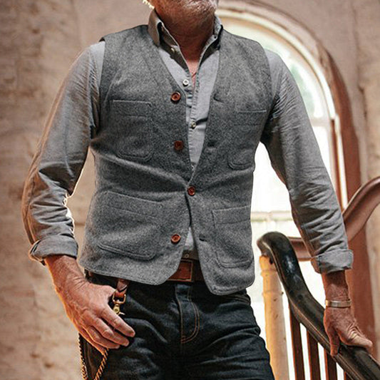 Men's Vest – Tailored Fit – Wool Feel – Buttons – Welt Pockets – Smart Layered Style