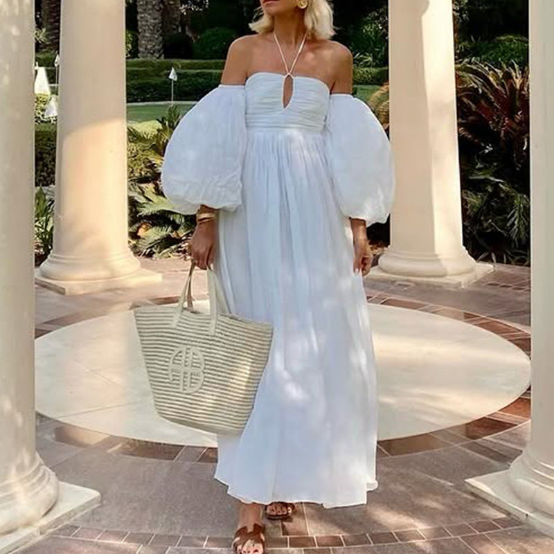 Dress for Women – Maxi Length – Off Shoulder – Puff Sleeves – Cutout – Loose Fit