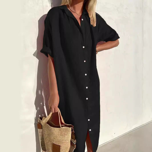 Women's Shirt Dress – Cotton Linen Blend – Relaxed Fit – Knee Length – Short Sleeved