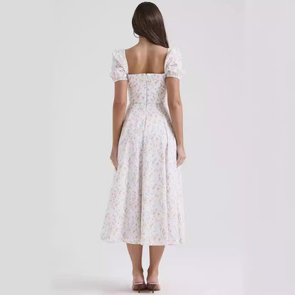 Dress women midi – cotton – A-line fit – puff sleeves – slit – square neckline