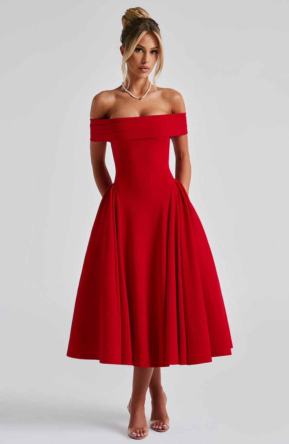 Dress woman – Off shoulder – A-line fit – Elegant formal midi length