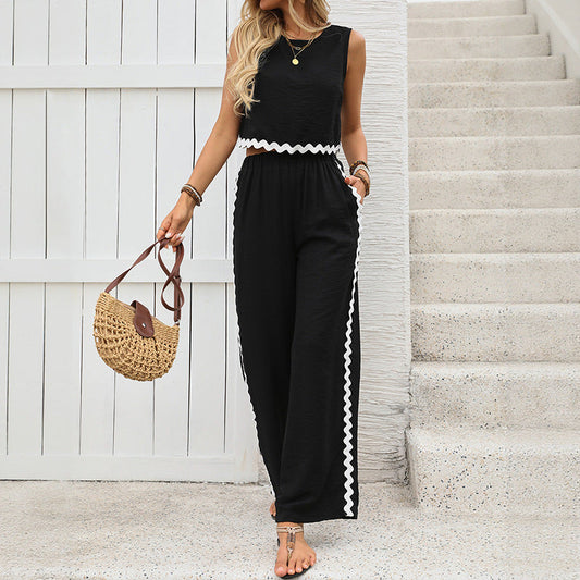 Women's Set – Sleeveless Crop Top and Wide Pants – Elastic Waist – Contrast Trim