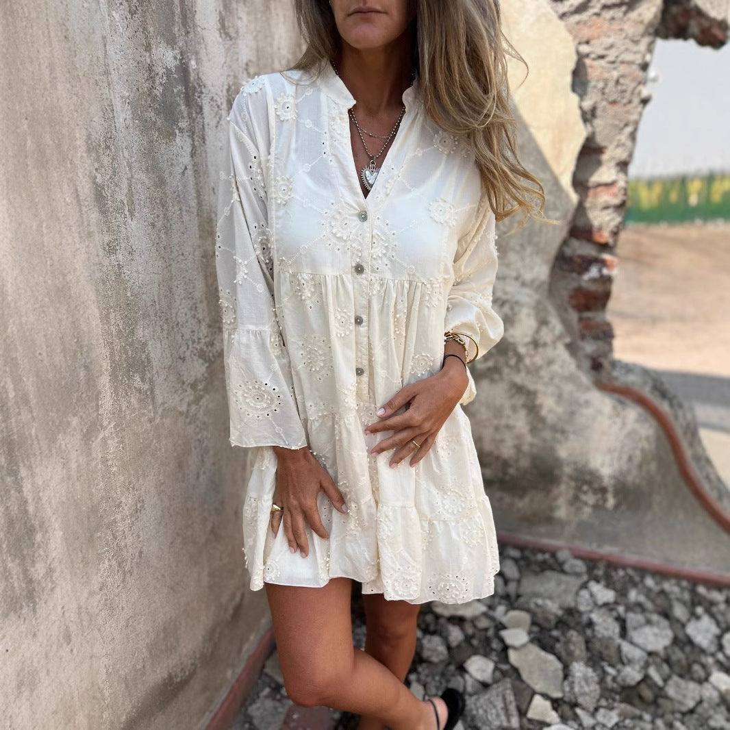 Dress for Women – Cotton with Embroidered Lace – Loose Fit – V-Neck