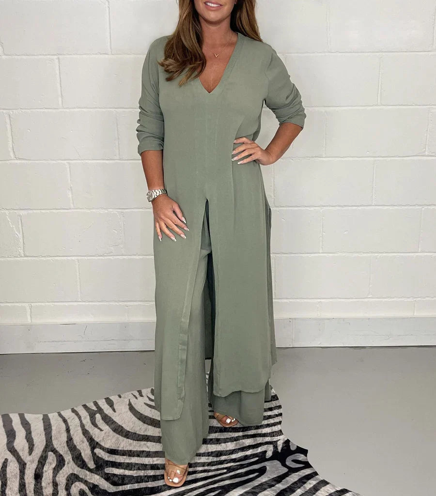 Women's Two-Piece Set – Wide Pants – Long Split Top – Loose Fit – Breathable Fabric