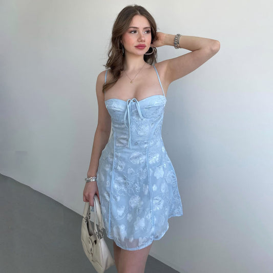 Dress for Women – Lace Mini Dress – Tight Fit – Spaghetti Straps – Ruched Bust – Floral Details