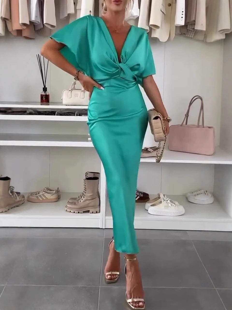 Dress for Women – Elegant Fit – Deep V-Neck – Draped Bust – Silky Soft Fabric