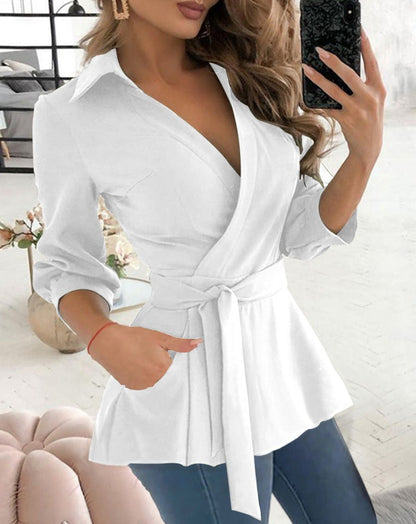 Women's Blouse with Belt – Fitted Fit – V-Neck – Long-Sleeved – Shirt Collar