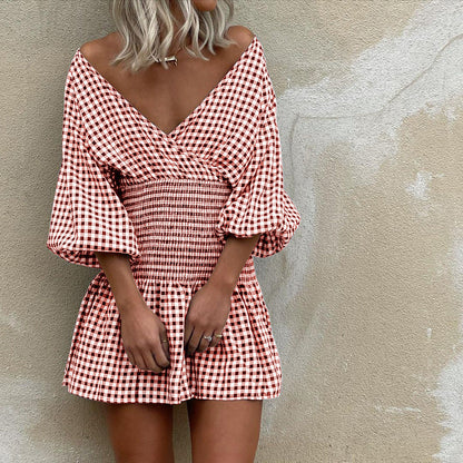 Women's Mini Dress – Cotton Blend – V-Neck – Puff Sleeves – Elastic Waist – Checkered Pattern