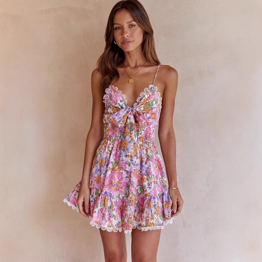 Dress for Women – A-line Mini Length – Spaghetti Straps – Floral Print – Ruffle Hem