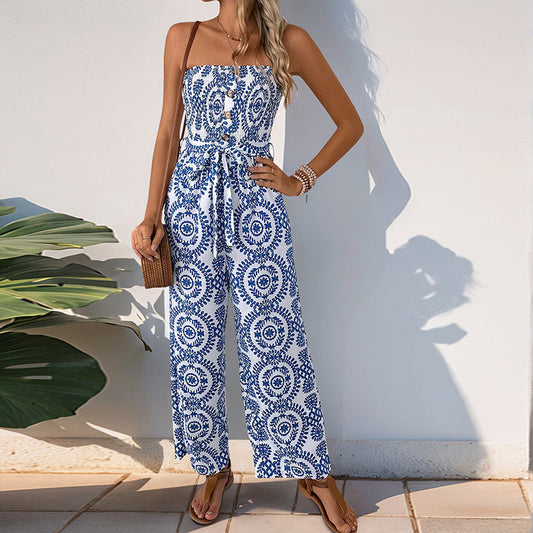 Women's Jumpsuit – Strapless – Wide Leg – Elastic Waist – Light and Breathable Fabric