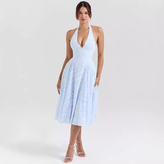 Dress for Women – Slim Fit – A-line Cut – Deep V-neck – Satin-like Fabric – Midi